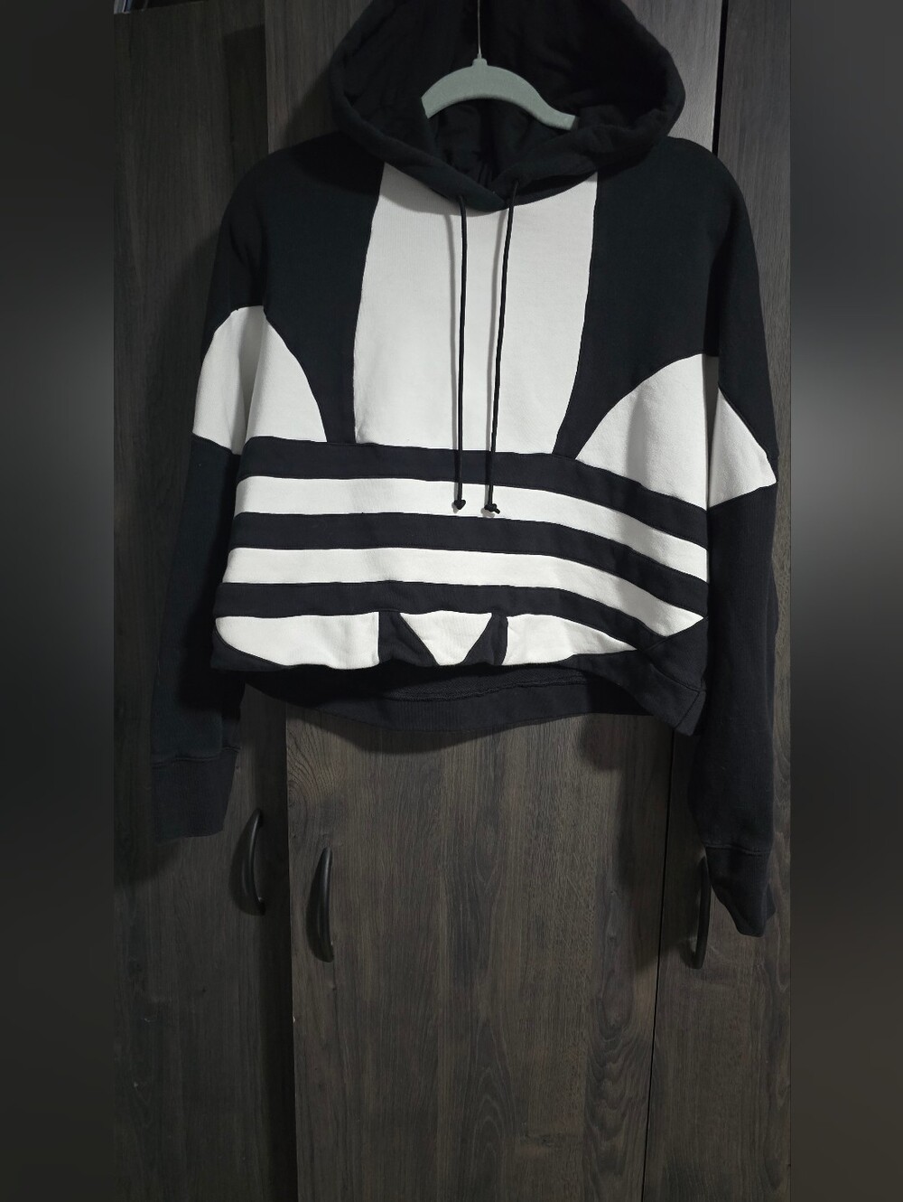 Adidas Black & White Cropped Hoodie Sweatshirt Size Medium Heavy Weight